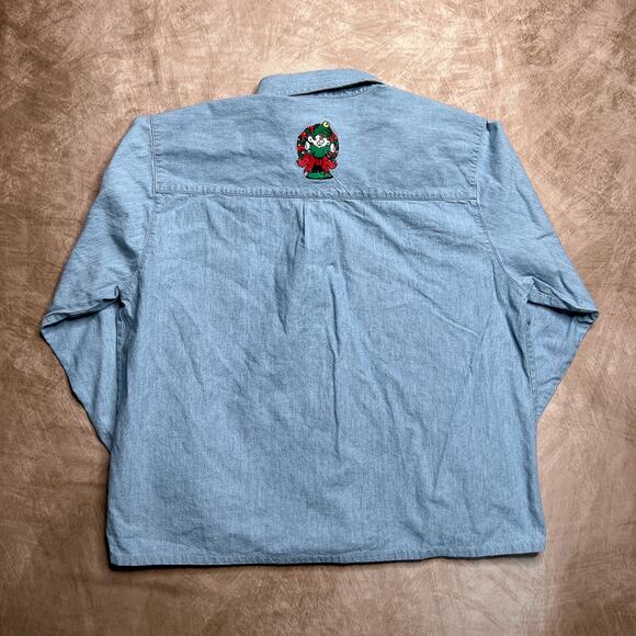 Vintage 90s Karen Scott Santa's Workshop Embroidered Denim Shirt Blue Christmas - Picture 3 of 7